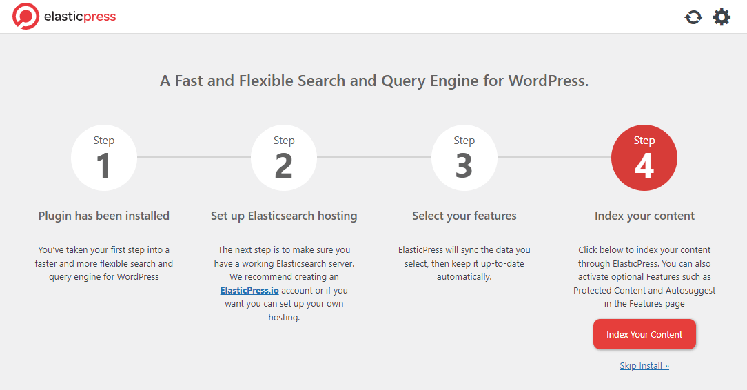 Capture of ElasticPress Installation Page with step 4 (Index your content) selected.