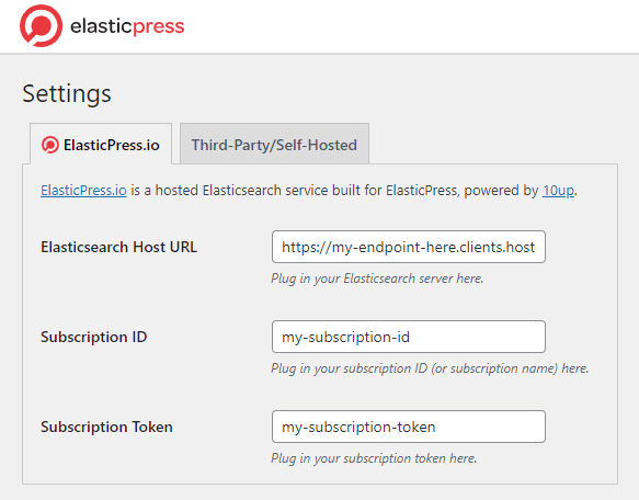 Capture of ElasticPress Settings Page. Three fields displayed: Elasticsearch Host URL, Subscription ID, and Subscription Token.