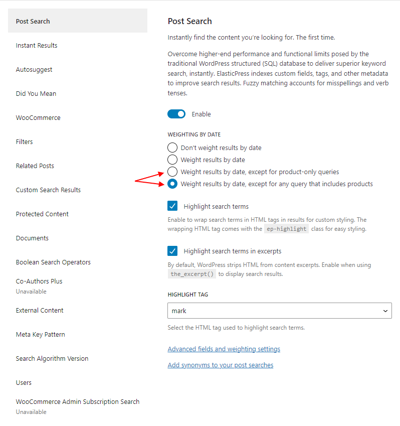 ElasticPress Post Search Feature screenshot - Weighting By Date options